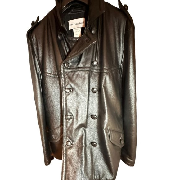 DOLCE & GABBANA MEN'S BLACK LEATHER PEACOAT JACKET / SZ 46 (LARGE) - Picture 2 of 15